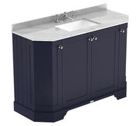 Old London Woodgrain Angled 4 Door Vanity Unit with Grey Marble Countertop and Square Ceramic 3 Tap Hole Basin | Twilight Blue | MDF | 1200mm