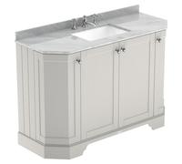 Old London Woodgrain Angled 4 Door Vanity Unit with Grey Marble Countertop and Square Ceramic 3 Tap Hole Basin | Timeless Sand | MDF | 1200mm