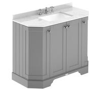 Old London Woodgrain Angled 4 Door Vanity Unit with White Marble Countertop and Square Ceramic 3 Tap Hole Basin | Storm Grey | MDF | 1000mm
