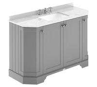 Old London Woodgrain Angled 4 Door Vanity Unit with White Marble Countertop and Square Ceramic 3 Tap Hole Basin | Storm Grey | MDF | 1200mm