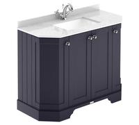 Old London Woodgrain Angled 4 Door Vanity Unit with White Marble Countertop and Square Ceramic Basin | Twilight Blue | MDF | 1000mm
