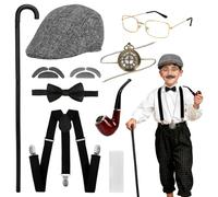 Old Man Costume for Kids, 1920s Grandpa Costume Accessories with Flat Cap Braces Bow Tie Fake Pipe Pocket Watch Mustache Set Walking Cane Glasses Gangster Grandpa Dress Up for Boys Halloween Cosplay