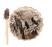 Old Man & Raven Shamanic Drum with Beater, Handheld Spirit Drum | Faux sheepskin head over plywood frame, approx. 25x5cm (9.8x1.9 in), 208g-complete with wooden beater