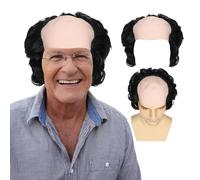 Old Man Wig with Bald Cap - Short Curly Gray Balding Wig for Men | Realistic Grandpa Costume Wig with Receding Hairline | Halloween Party, Cosplay & Funny Dress Up Accessories (Black)