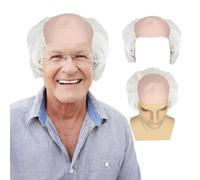 Old Man Wig with Bald Cap - Short Curly Gray Balding Wig for Men | Realistic Grandpa Costume Wig with Receding Hairline | Halloween Party, Cosplay & Funny Dress Up Accessories (White)