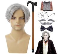 Old Man Wigs Set - 8 Pieces, Grandpa Costume Package | Artificial Wig Beard Eyebrow Whiskers Rattan Bow Tie Halloween Christmas Cosplay Theme Party Dress Up