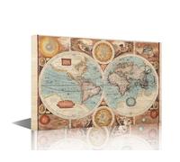 Old Map Wall Art Ancient World Map Picture Prints on Canvas 1 Piece Wall Paintings World Maps Wall Decoration for Living Room Bedroom Bathroom Office Framed Ready to Hang (16''Wx24''H)