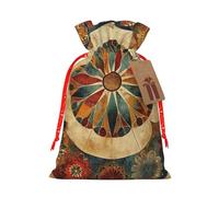 old Medallion Pattern Printed Christmas Drawstring Bags for Party Xmas Gift Wrapping, Red Christmas Ribbon, S