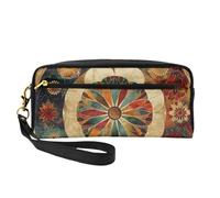 Old Medallion Pattern Printed Leather Makeup Bags with Wrist Strap Portable Travel Toiletry Bag Cosmetic Organizer Bag for Women