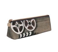 Old Movie Camera Print Leather Pencil Case Pen Pouch Triangle Portable Pencil Pouch With Zipper For Office