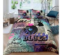 Old Newspaper Bedding Set Music Rock Record Bedding &Linen Guitar Old School Retro Blues Multicolor Decor 3Piece Double Vintage Duvet Cover Set Soft Comforter Cover (1 Duvet Cover+ 2Pillowcases)