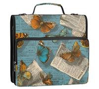 Old Newspaper Butterflies Retro Blue 3 Rings 1.5 inch School Zipper Binder with Shoulder Strap & Handle Laege Capacity School Binders Organizer for School and Office