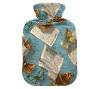 Old Newspaper Butterflies Retro Blue hot-Water Bottle with Soft Cover, 2L Warmer Bag for ( Scenario),(Scenario),Bolsa de agua Caliente para el Dolor