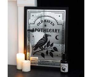 Old Raven Gothic Apothecary Mirrored Wall Art. Gothic Witchcraft Wall Art Decor.