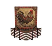 Old Rooster Illustration Coasters Set of 6 Ceramic Coaster with Holder Absorbent Coasters for Drinks Heat Resistant Coffee Table Coasters Cup Pad for Kitchen Office Home Decoration