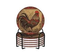 Old Rooster Illustration Coasters Set of 6 Ceramic Coaster with Holder Absorbent Coasters for Drinks Heat Resistant Coffee Table Coasters Cup Pad for Kitchen Office Home Decoration