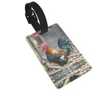 Old Rooster Illustration Luggage Tags for Suitcases, PVC Suitcase Tag with Secure Strap Suitcase Identifier with Privacy Name Card for Travel Bag Tags Personalized Baggage Tag for Women Men