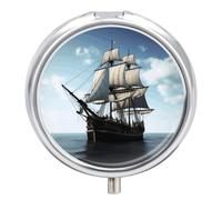 Old Sailing Ship Pill Box Medicine Pill Organizer 3 Compartment Daily Pill Case Small Pill Container Round Pill Holder Travel Pill Box Metal Pill Case for Purse Pocket