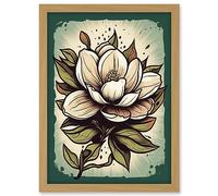 Old School Magnolia Flower USA Tattoo Ink Body Art Rockabilly Americana 50s Artwork Framed A3 Wall Art Print