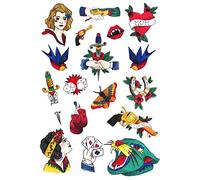 Old School Temporary Tattoo Set by Tatsy, Original Cool Oldschool Vintage Design, Party Fun Tattoos, Fake Tattoo Body Art Cover Up for Men and Women, Unique Drawings