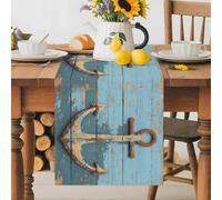 Old Ship Anchor on Wood Grain Table Runner 36 Inches Long,Table Runners Kitchen Dining Tables Decoration for Home Party Decor, Nautical Farm Blue Planks Tables Runner Wedding Dresser Scarf