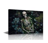 Old Skeletons Wall Art Human Skeleton Pictures Wall Art Painting on Canvas Skeleton in the Forest Poster Walls Artwork for Living Room Dark Background Home Decor Framed Walls Artwork Gift(18"Wx12"H)