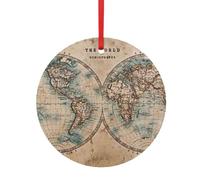 Old Stained World Map Print Christmas Tree Hanging Ornament, Double-Sided Aluminum Round Pendant For Xmas Tree And Holiday