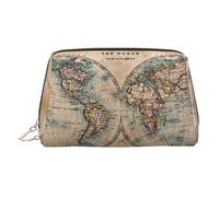 Old Stained World Map Print Premium Leather Toiletry Travel Pouch with Waterproof Portable Pouch Open Flat Makeup Bag