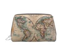 Old Stained World Map Print Premium Leather Toiletry Travel Pouch with Waterproof Portable Pouch Open Flat Makeup Bag