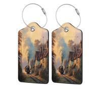 Old Steam Train Country Cottages Sunset Luggage Tag for Suitcase 2 Pack Leather Luggage Tag with Privacy Flap Name Id Label and Metal Loop for Women Men Travel