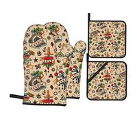 Old Tattoos Good Wishes Oven Mitts and Pot Holders 4 Pieces Set,Oven Gloves, Heat Resistant Oven Gloves BBQ Gloves for Baking Cooking Grilling