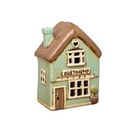 Old Teashop Tealight Holder Green Glazed Ceramic House Candle Lantern Ornament