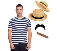 Old Time Victorian Beach Bathing Suit Costume 20s, Mens 1920s Swimsuit Beachside Summer Theme Party Fancy Dress Up, Shirt, Hat, Moustache & Cigar (XXL)