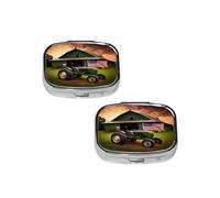 Old Tractor Photo Farm Pill Box 2 Compartment Medicine Pill Case,Travel Pill Organizer, Small Metal Pill Case Portable Pill Box, Perfects Gift for Anyone in Need