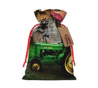 (Old Tractor Photo Farm) Print Christmas New Year Candy Gift Bag, Red Xmas Ribbon Drawstring Bags for Kids Xmas Holiday Eve Presents S Size