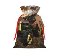 Old Tractor Photo Farm Printed Christmas Drawstring Bags for Christmas Party Xmas Gift Wrapping, Red Ribbon, S