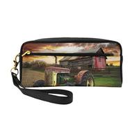 Old Tractor Photo Farm Printed Leather Makeup Bags with Wrist Strap Portable Travel Toiletry Bag Cosmetic Organizer Bag for Women