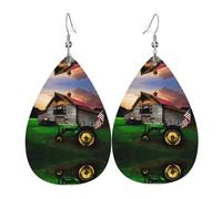 Old Tractor Photo Farm Printed Teardrop Pendant Leather Earrings | Lightweight and Versatile Earrings | Suitable for Daily Commute and Date Wear