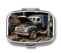 Old Truck Car Pill Box - 2 Compartment Travel Pill Organizer with Small Mirror, Portable Pillcase for Pocket & Purse, Cute Square Medicine Case, Weekly Medicine Container