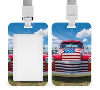 Old Truck in U.S. Flag ID Badge Holder with Lanyard | Funny Vertical Name Tag Holder Card Protector for Nurse Office Business