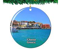 Old Venetian Harbour Chania Crete Greece Hellas Christmas Ornament City Travel Souvenir Collection Double Sided Porcelain 2.85 Inch Hanging Tree Decoration