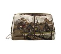Old Viking Boat Leather Handheld Zipper Makeup Bag Organizer Wallet Large Capacity Travel Makeup Bag Toiletries