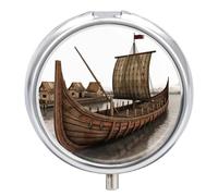Old Viking Boat Pill Box Round Pill Case for Purse & Pocket 3 Compartment Medicine Pill Organizer Portable Travel Pillbox Medicine Vitamin Cod Liver Oil Storage Box
