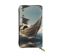 Old Viking Boat Print Leather Long Clutch Wallet â€“ Fashionable Personalized Wallet, Multiple Card Slots, Gift Ready, Black, One Size