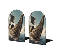 Old Viking Boat Print Wooden Bookends,Book Organizer for Books,Magazines,DVDs and Video Games