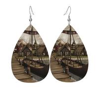 Old Viking Boat Printed Teardrop Pendant Leather Earrings | Lightweight and Versatile Earrings | Suitable for Daily Commute and Date Wear