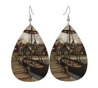 Old Viking Boat Printed Teardrop Pendant Leather Earrings | Lightweight and Versatile Earrings | Suitable for Daily Commute and Date Wear