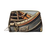 Old Viking Boats Leather Hand-Held Zipper Makeup Bag Storage Bag for Miscellaneous Items Pen Case