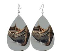 Old Viking Boats Printed Teardrop Leather Earrings, Fashion Water Drop Dangle Accessory for Holiday Party