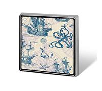 Old Vintage Sailing Ships, Anchor, Sea Octopus Monster Ocean Map Square Badge Smooth Surface Lapel Tie Pin, Lightweight Badge for Women Men Office Worker Nurse Teacher Student Shirts Backpack